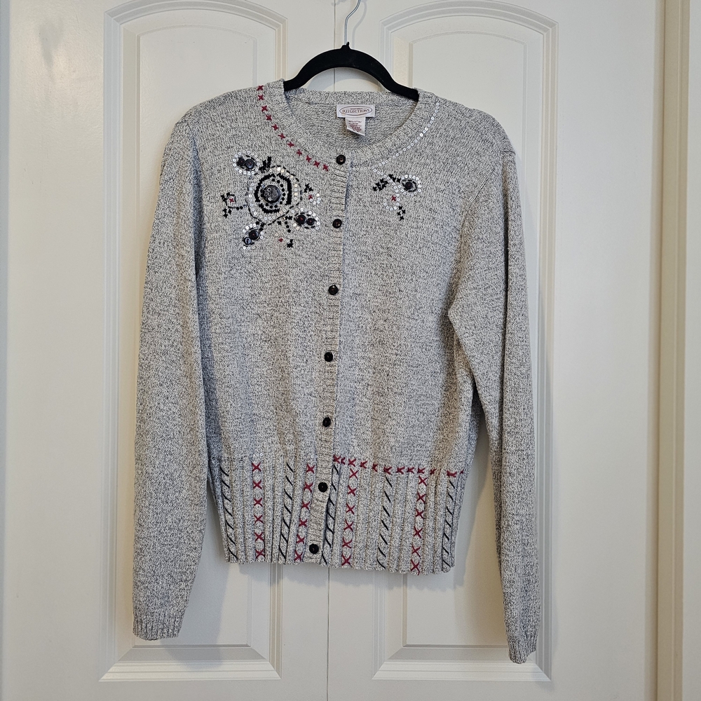 Northern Reflections Grey Cardigan Cottagecore Folk Granny  Embroidery Sz M